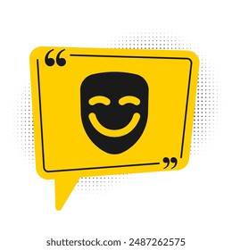 Black Comedy theatrical mask icon isolated on white background. Yellow speech bubble symbol. Vector