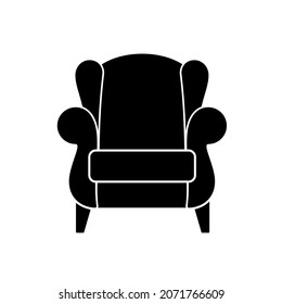 Black comfortable armchair icon isolated on white background. Part of the interior of a living room or office. Soft furniture for rest and relaxation. Vector illustration