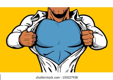 Black comic book superhero opening shirt to reveal costume underneath with Your Logo on his chest!