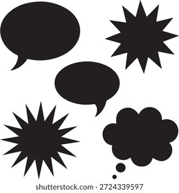 Black comic book-style speech bubbles and explosion effects on a white background for creative design and editing