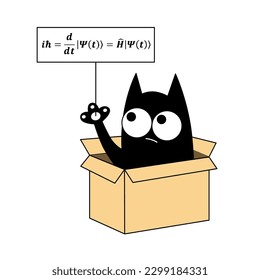 El gato cómico negro sentado en la caja y sosteniendo una pancarta con la ecuación Schrodingers. Los Schrodingers pensaron en un experimento en el que el gato está vivo y muerto, concepto divertido. Ilustración vectorial.