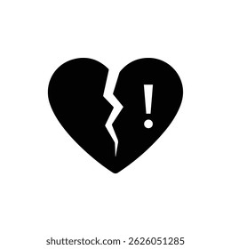Black Comic Heart Icon with Crack and Exclamation Mark