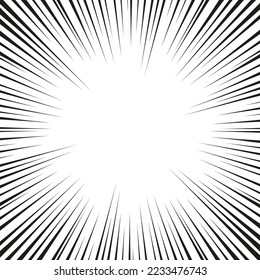 Schwarze komische Radialgeschwindigkeits-Linien. Explosionsstrom-Element. Comic-Buchdesign. Grafische Explosion mit Geschwindigkeitslinien im Comic-Stil.