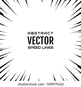 Black comic radial speed Lines on white base. Effect power explosion illustration. Comic book design element. Graphic Explosion with Speed Lines in comic book style. Vector Illustration