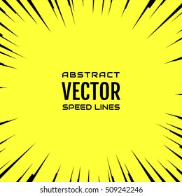 Black comic radial speed Lines on yellow base. Effect power explosion illustration. Comic book design element. Graphic Explosion in comic book style. Vector Illustration