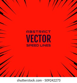 Black comic radial speed Lines on red base. Effect power explosion illustration. Comic book design element. Graphic Explosion in comic book style. Vector Illustration