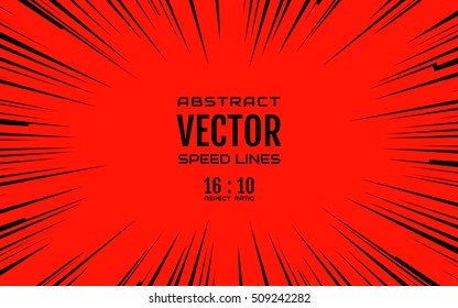 Black comic radial speed Lines on red base in 16:10 ratio. Effect power explosion illustration. Comic book design element. Graphic Explosion in comic book style. Vector Illustration