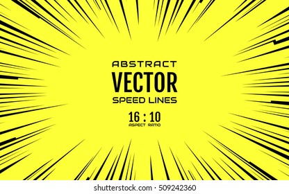 Black comic radial speed Lines on yellow base in 16:10 ratio. Effect power explosion illustration. Comic book design element. Graphic Explosion in comic book style. Vector