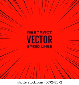 Black comic radial speed Lines on red base. Effect power explosion illustration. Comic book design element. Graphic Explosion with Speed Lines in comic book style. Vector Illustration