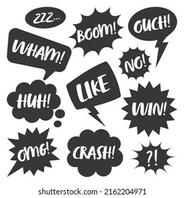 Black comic speech bubbles with handwritten text isolated on white background. Hand drawn retro cartoon stickers. Pop art style. Vector illustration