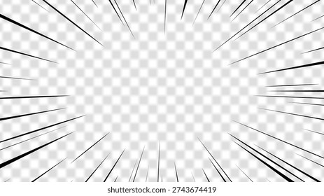 Black comic speed lines on a transparent background vector illustration for cartoon frame effect, fast motion or sudden impact.
