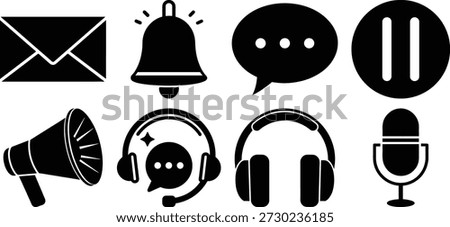 Black communication and audio including envelope bell chat pause megaphone headphones microphone white