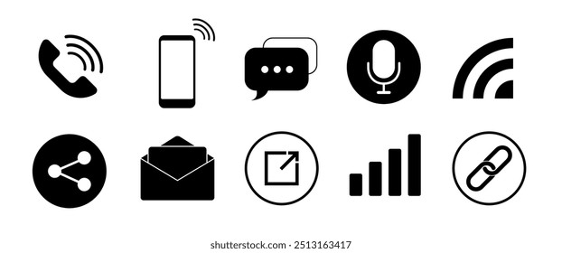 Black Communication Icon set, Message, Mobile phone, Internet and social media graphic elements, Application interface buttins, Website, contact illustration (Editable)