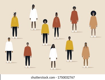 Black community, african people gathered together, a set of male and female characters wearing casual clothes and different hairstyles