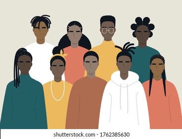 Black community, African people gathered together, a set of male and female characters wearing casual clothes and different hairstyles