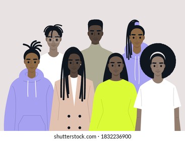 Black Community, African People Gathered Together, A Set Of Male And Female Characters Wearing Different Clothes And Hairstyles