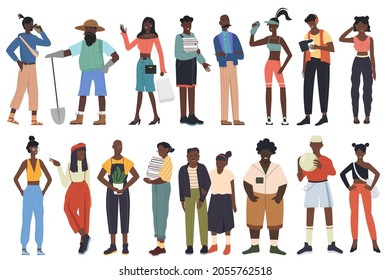 Black community, african people team of different professions set vector illustration. Cartoon young and old man woman characters in casual clothes standing together collection isolated on white