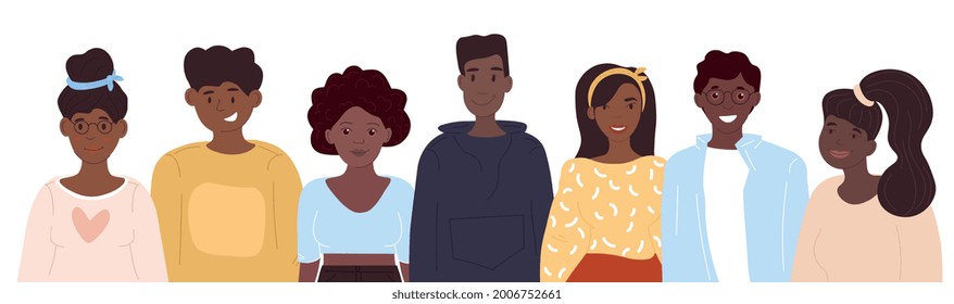 Black community concept, cute african people gathered together, set of young male and female characters with different hairstyles and wearing casual clothes. Flat cartoon vector illustration