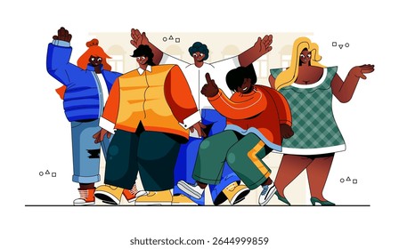 Black community concept for modern web design. African american people standing together, ethnicity diversity group, happy friends in crowd. Flat vector illustration isolated on white background.