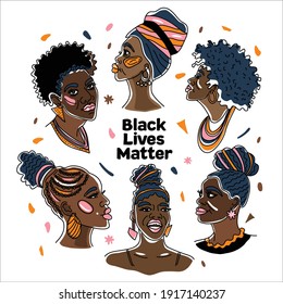 Black community a group of so beatfull African women, human rights, fight racism. Line art, minimalism style. Black history month illustration.