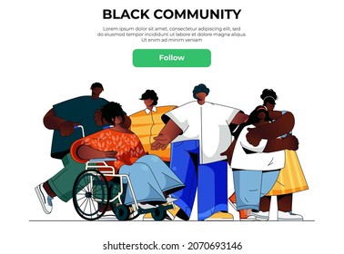 Black community web banner concept. African men and women standing together, ethnicity group with person, diversity landing page template. Vector illustration with people scene in flat design