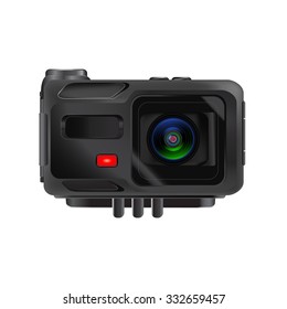Black compact action camera for filming extreme sports. Vector isolated on white background