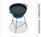 Black Compact Charcoal Grill Kettle with Fried Vegetables Stay on the Terrace. Cartoon barbeque grill, charbroiler, 3d rendering. Barbecue grill isolated on white background. 2560