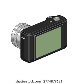 Black compact digital camera with attached lens and display screen