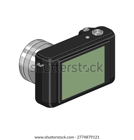 Black compact digital camera with attached lens and display screen