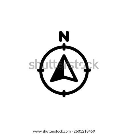 Black compass icon with arrow pointing north indicates direction and route planning Use for maps travel apps and navigation designs.