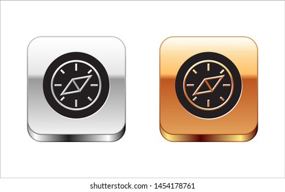 Black Compass icon isolated on white background. Windrose navigation symbol. Wind rose sign. Silver-gold square button. Vector Illustration