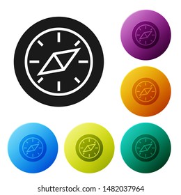 Black Compass icon isolated on white background. Windrose navigation symbol. Wind rose sign. Set icons colorful circle buttons. Vector Illustration