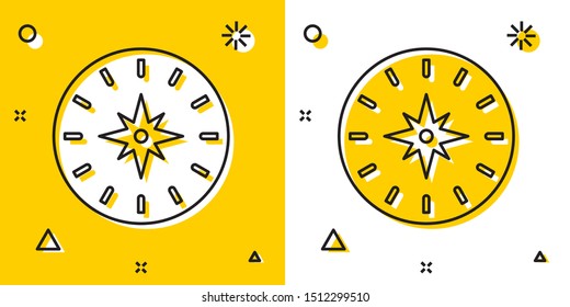 Black Compass icon isolated on yellow and white background. Windrose navigation symbol. Wind rose sign. Random dynamic shapes. Vector Illustration