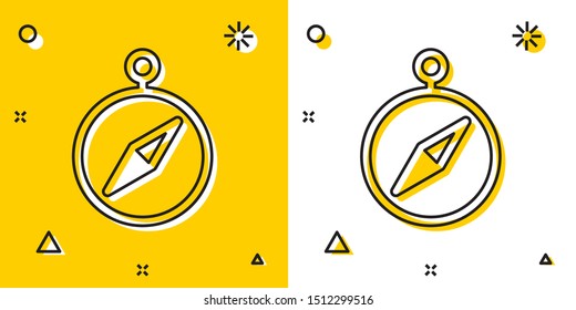 Black Compass icon isolated on yellow and white background. Windrose navigation symbol. Wind rose sign. Random dynamic shapes. Vector Illustration
