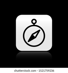 Black Compass icon isolated on black background. Windrose navigation symbol. Wind rose sign. Silver square button. Vector Illustration