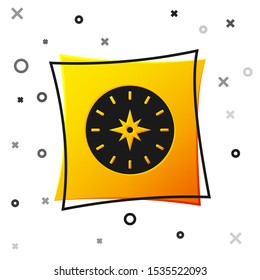 Black Compass icon isolated on white background. Windrose navigation symbol. Wind rose sign. Yellow square button. Vector Illustration