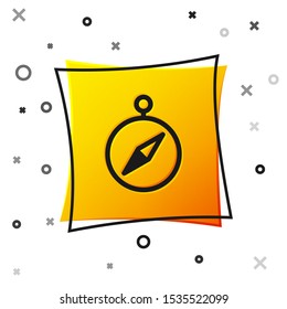 Black Compass icon isolated on white background. Windrose navigation symbol. Wind rose sign. Yellow square button. Vector Illustration