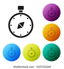 Black Compass icon isolated on white background. Windrose navigation symbol. Wind rose sign. Set icons colorful circle buttons. Vector Illustration
