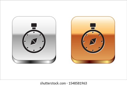 Black Compass icon isolated on white background. Windrose navigation symbol. Wind rose sign. Silver-gold square button. Vector Illustration