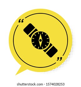 Black Compass icon isolated on white background. Windrose navigation symbol. Wind rose sign. Yellow speech bubble symbol. Vector Illustration