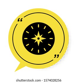 Black Compass icon isolated on white background. Windrose navigation symbol. Wind rose sign. Yellow speech bubble symbol. Vector Illustration