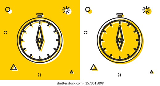 Black Compass icon isolated on yellow and white background. Windrose navigation symbol. Wind rose sign. Random dynamic shapes. Vector Illustration