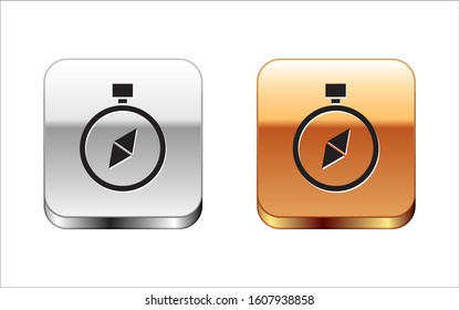 Black Compass icon isolated on white background. Windrose navigation symbol. Wind rose sign. Silver-gold square button. Vector Illustration