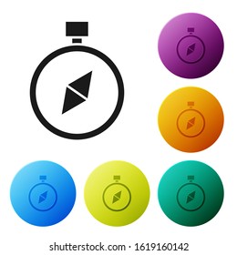 Black Compass icon isolated on white background. Windrose navigation symbol. Wind rose sign. Set icons colorful circle buttons. Vector Illustration