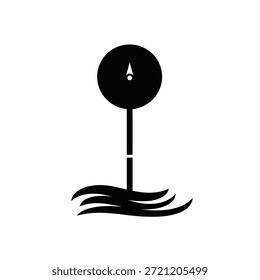 Black compass needle pointing north on a white background with stylized waves below.
