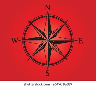 A black compass rose is centered on a red background, with North, South, East, and West clearly indicated.