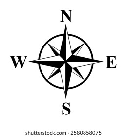 Black compass rose isolated on white. Compass eps. Illustration of a compass indicating cardinal points. Additional vector format in EPS