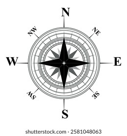 Black compass rose isolated on white. Compass eps. Illustration of a compass indicating cardinal points. Additional vector format in EPS