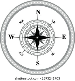 Black compass rose isolated on white. Compass eps. Illustration of a compass indicating cardinal points. Additional vector format in EPS