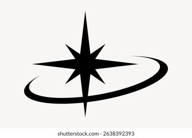 Black compass star with an orbiting swoosh on a white background. The compass star design is simple and bold. Ideal for navigation or exploration themes. Starburst illustration vector.